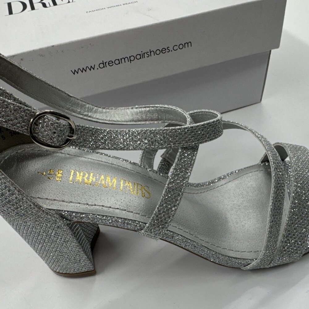 Dream Pairs Chunk Heel Shoes Womens 7 Silver Glitter Pumps Open Toe Party NEW - Picture 3 of 10